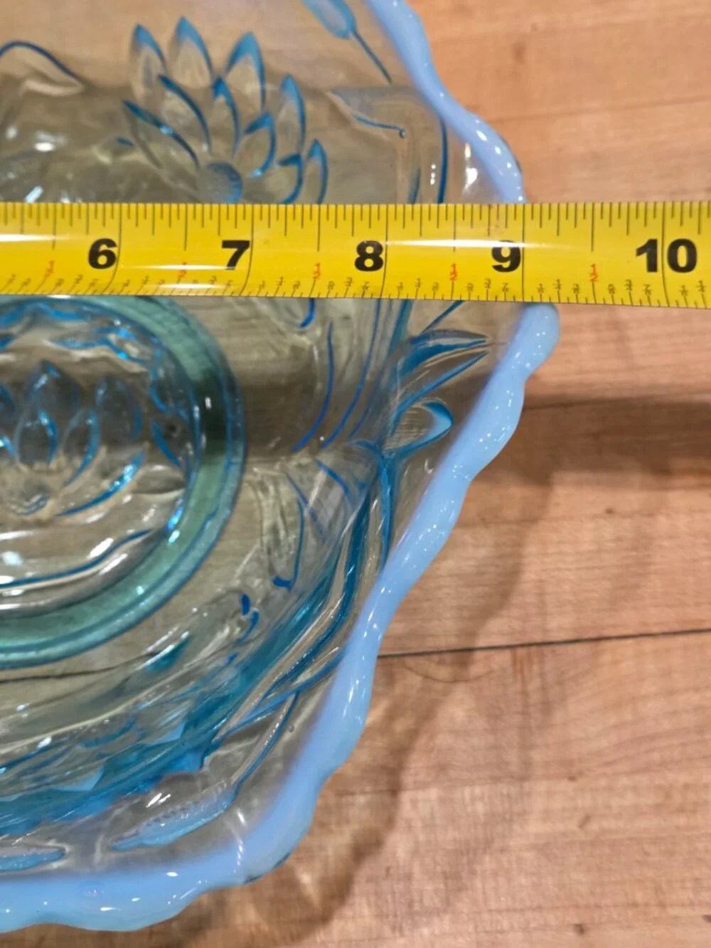 Antique Fenton Water Lily and Cattails Blue Opalescent Glass Bowl 9 Inch